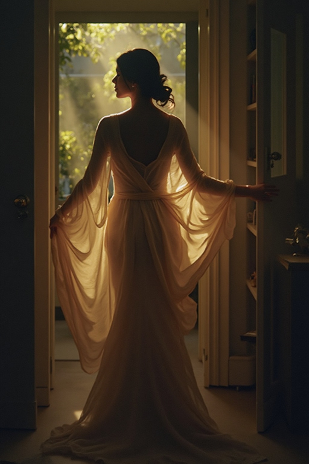 jzbj,  Tyndall effect,  a woman stands by the door on Tensor.Art