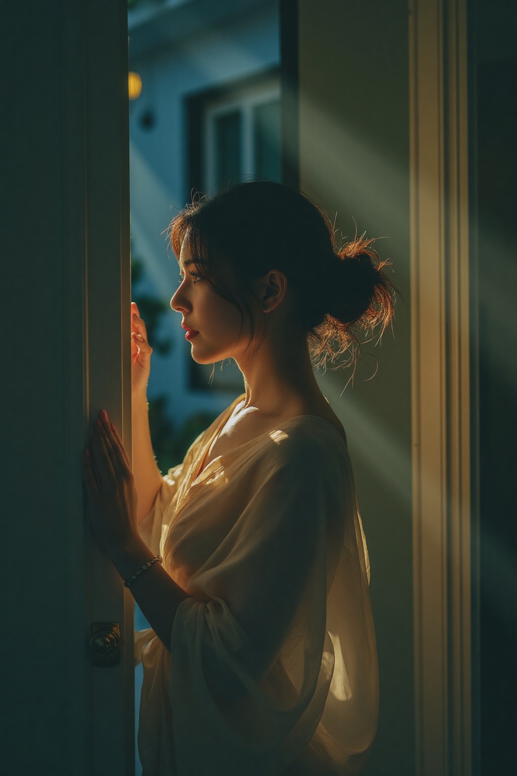 jzbj,  Tyndall effect,  a woman stands by the door on Tensor.Art