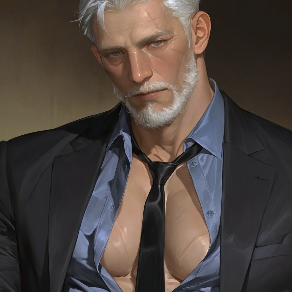 solo looking at viewer short hair shirt 1boy closed mouth upper body white hair male focus open clothes necktie collared s...