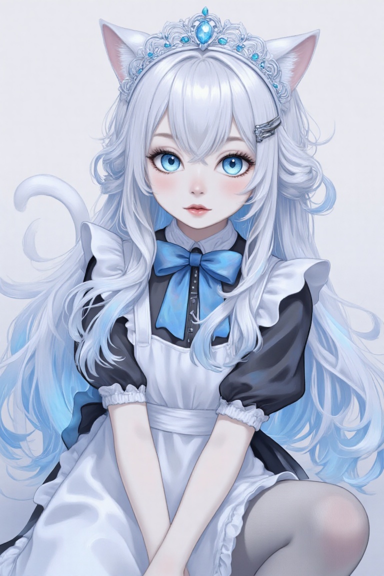 A pale-skinned cat boy with striking blue eyes and long white hair adorned with a hair ornament sits in a far wide shot,...