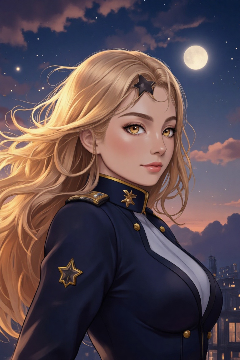 A confident woman with long golden blonde hair and sparkling golden eyes gazes with a slight smile in a close-up cinematic...
