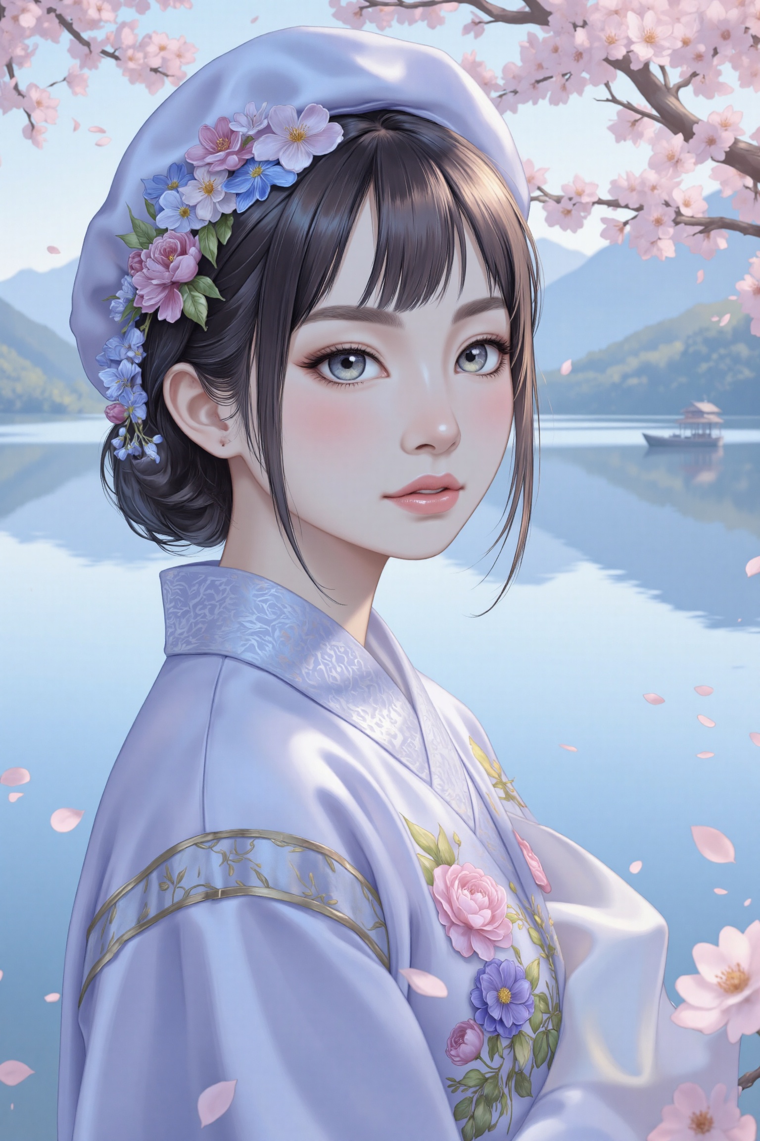 A realistic character wears a beret and floral accessories in a softly glowing digital painting. Cool pastels—blues,  lave...