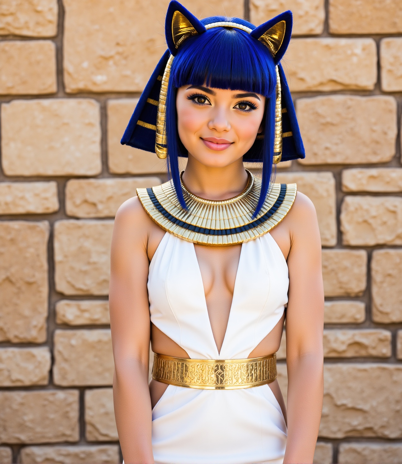 (((Portrait,  close up face))). Gold_snake hair ornament,  smile. Highly detailed portrait. Very beautiful young girl Ankh...