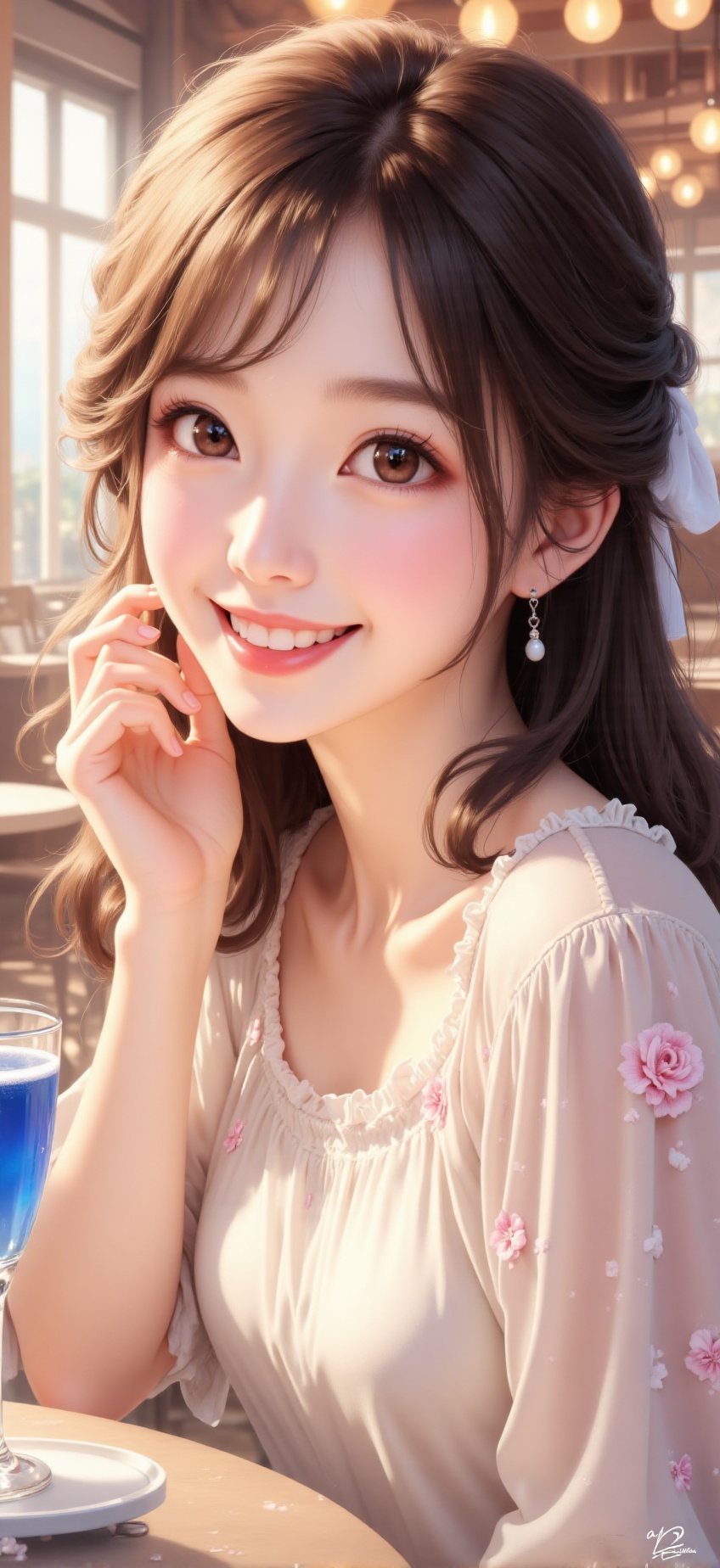 A young woman,  likely East Asian,  is depicted in a digital painting style. She is positioned slightly off-center to the...