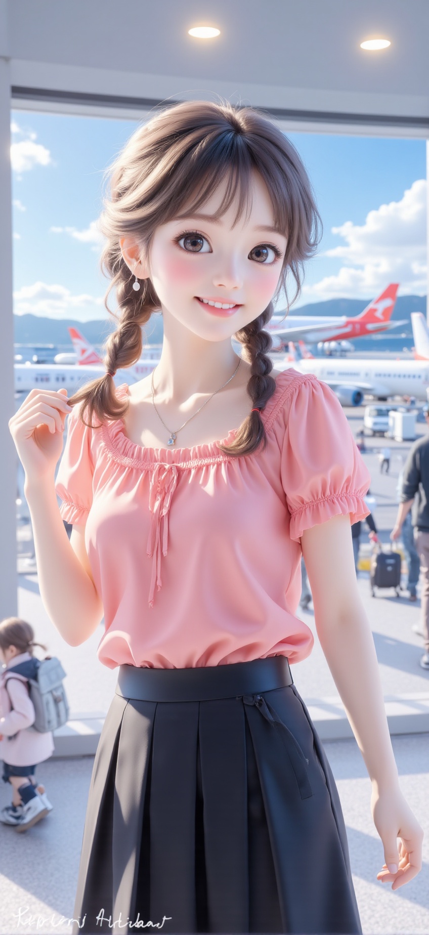 A young East Asian woman is standing at the center of the image,  facing directly forward. Her fluffy brown hair is styled...