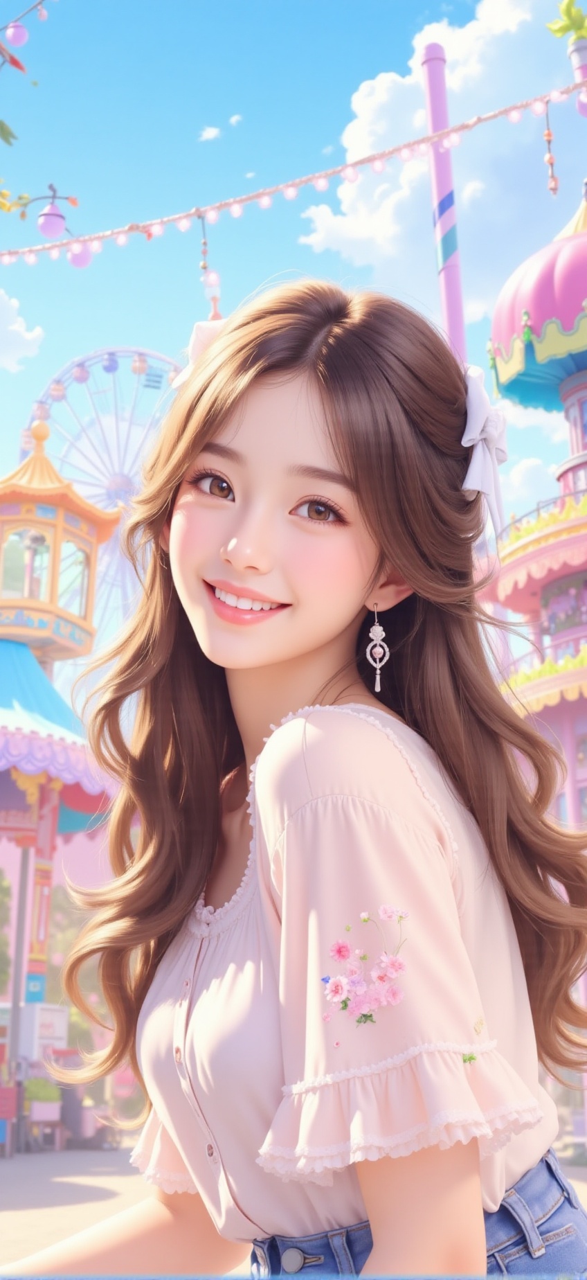 A young woman,  likely East Asian,  is depicted in a digital painting style. She is positioned slightly off-center to the...