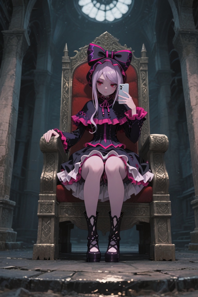 BREAK sitting on a throne and holding a mobile phone,  gothic maiden anime girl,  BEAUTIFUL FANTASY ANIMATION on Tensor.Art