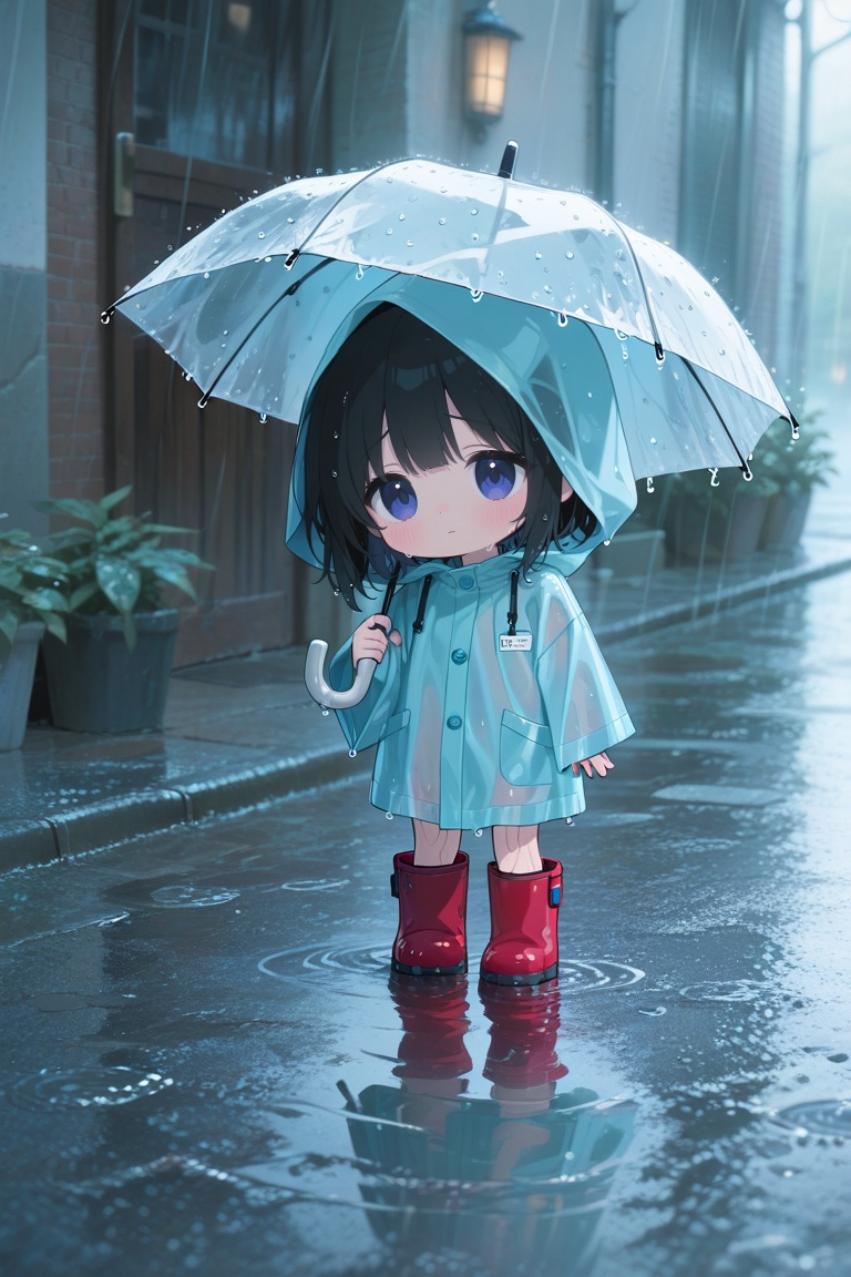top quality、anime style、masterpiece、Deformed little character style、in a cobblestone alley after the rain、pick up a wet ki...