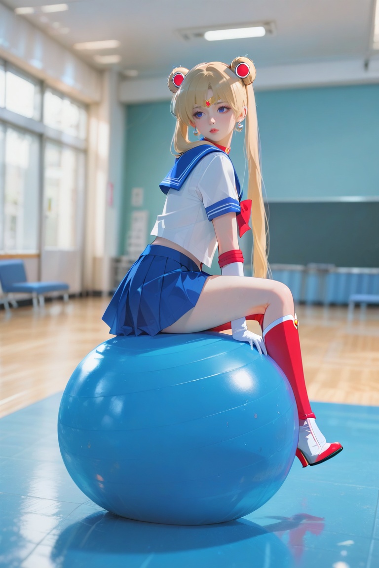 Sailor Moon Sitting and Bouncing on the Blue Exercise Ball at School ,  AniReal Background,  realistic background on Tenso...