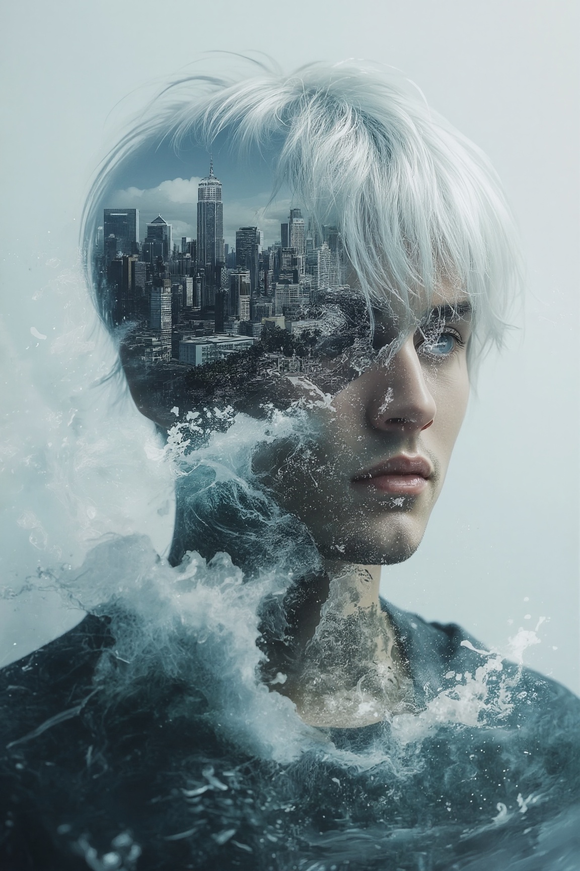 Craft a mesmerizing double exposure photoillustration that masterfully merges the worlds of humans and nature. Anime In th...