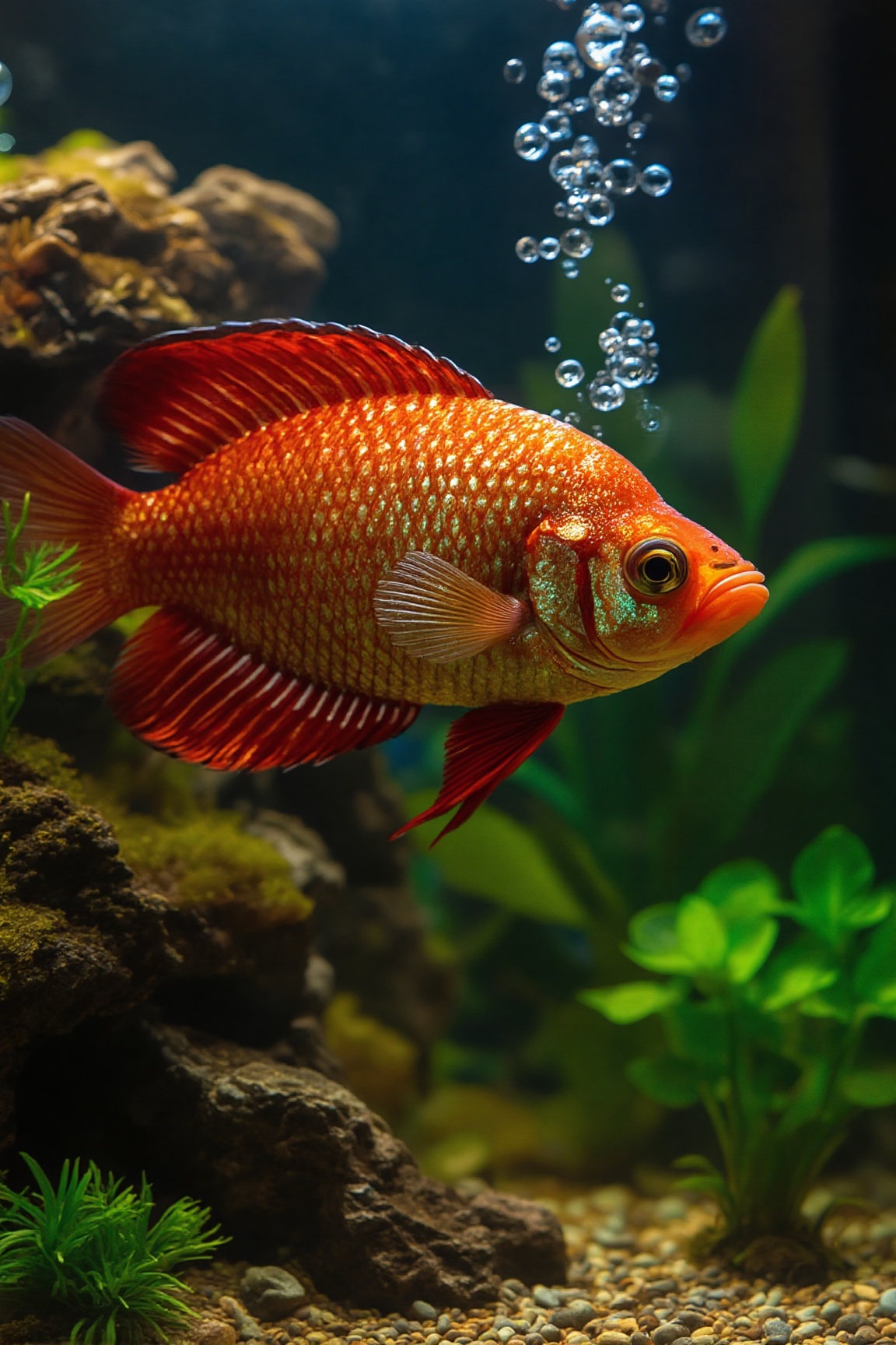 Close up of a super red arowana fish with vibrant golden red scales,  glistening in the light,  amidst a meticulously desi...