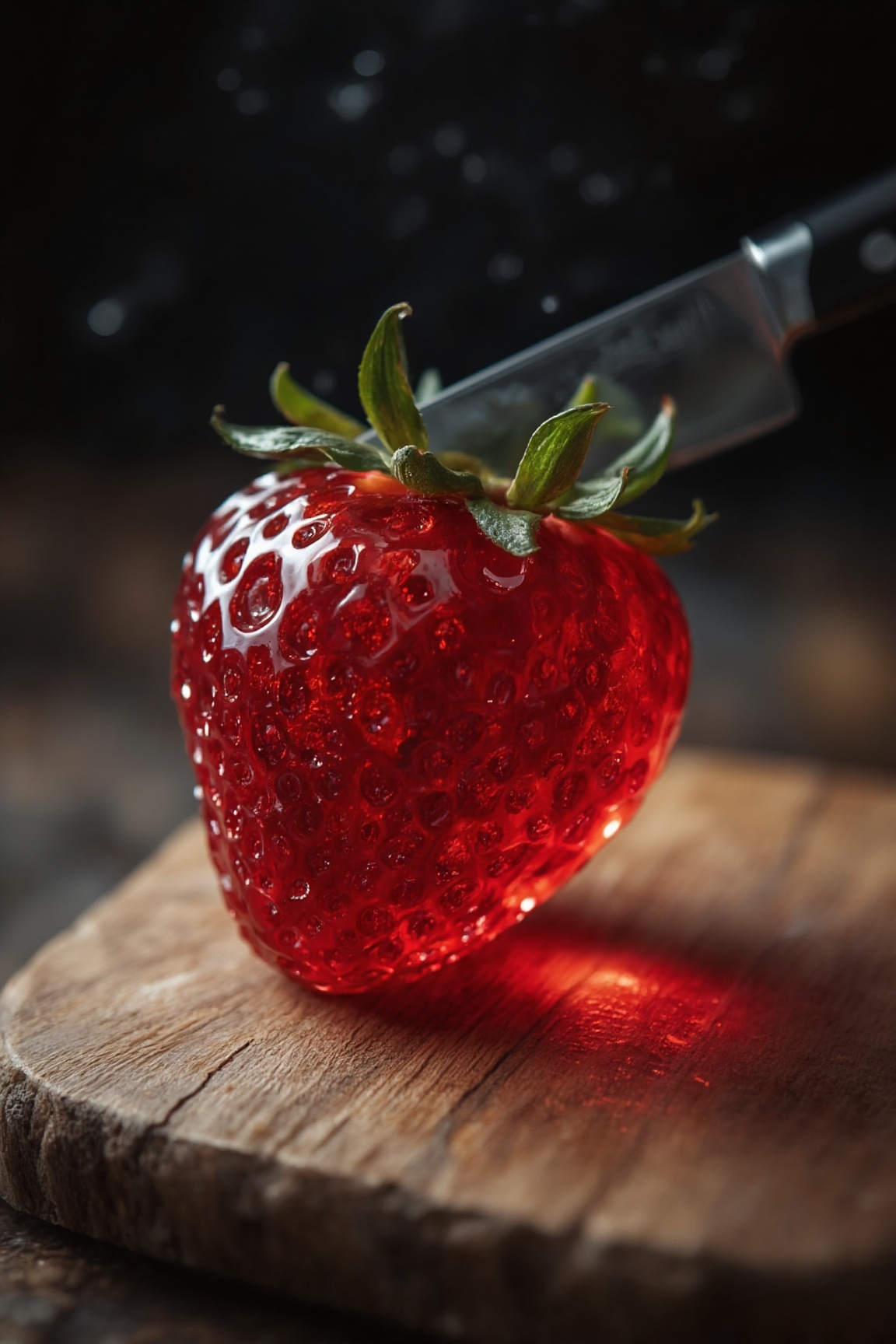 A hyper-realistic,  translucent strawberry made of red gelatin or glass,  placed on a textured wooden cutting board. A sha...
