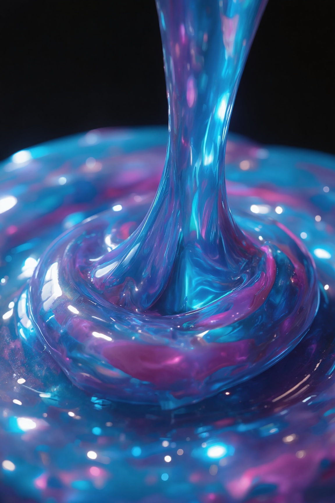 A close-up of glossy,  vibrant slime being slowly squeezed and stretched,  shimmering light reflections shifting across it...