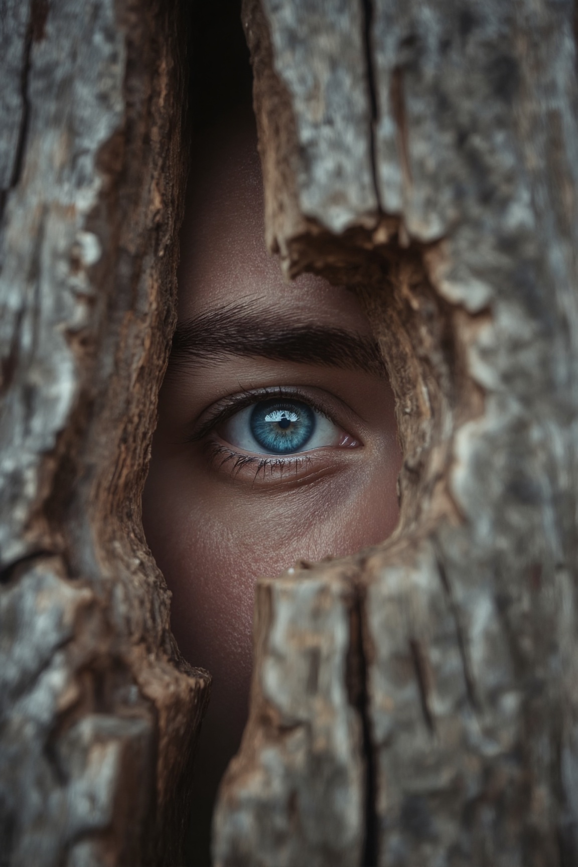 Image is a close-up photograph focusing on a single blue eye peering through a jagged hole in a piece of weathered wood. T...