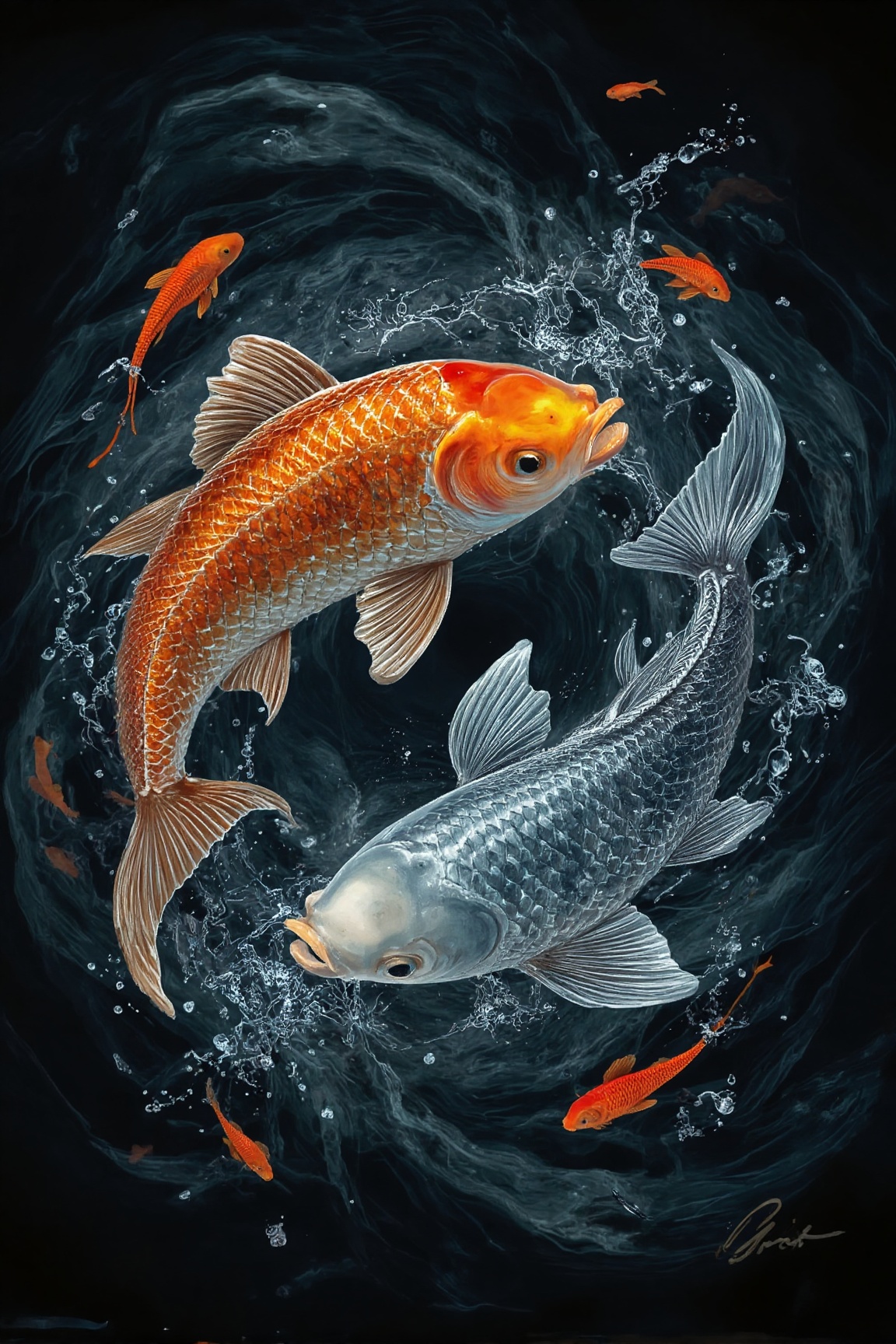 artwork featuring two koi fish in a yin-yang formation,  set against a dark,  swirling water background. The layout is ver...