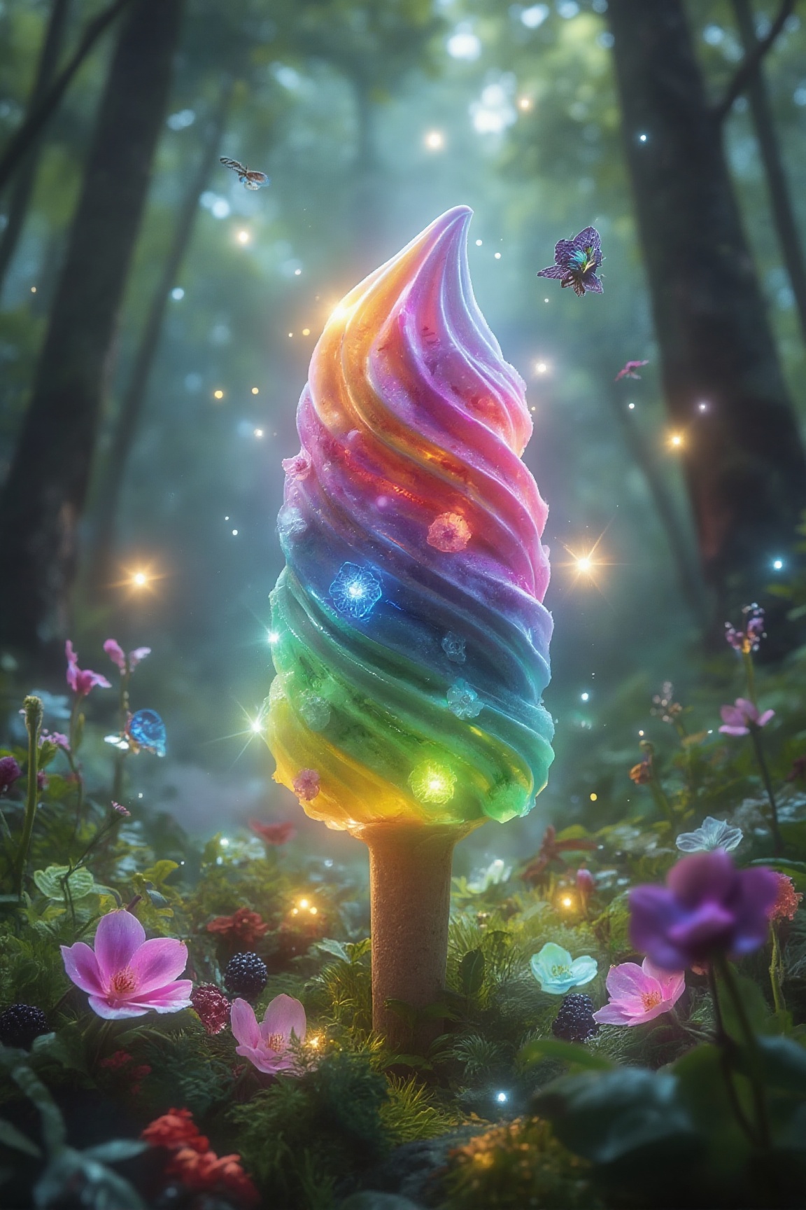 a fantasy magical rainbow ice cream made from glowing iridescent berries and luminous delicate forest flowers with soft pe...