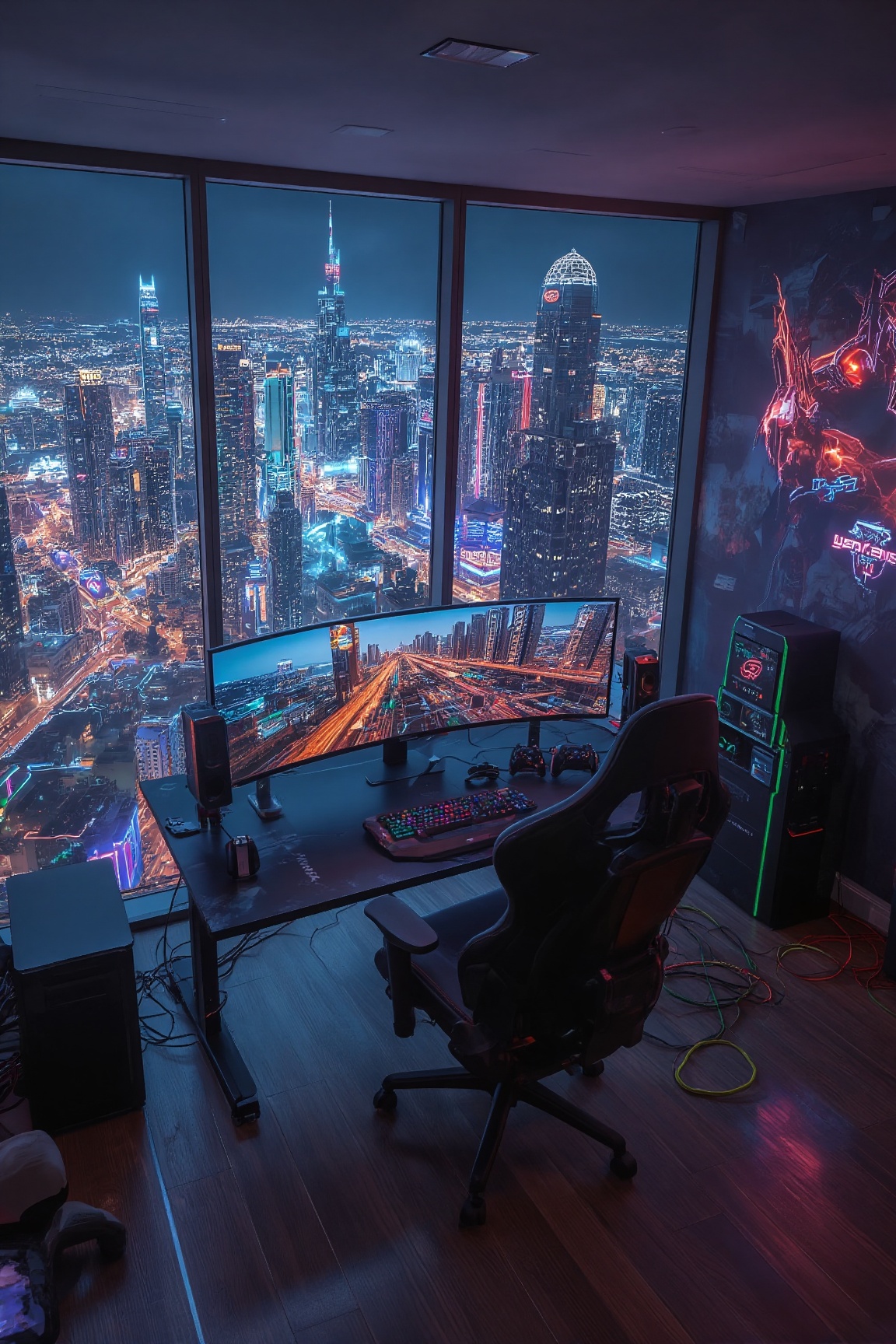 A highly detailed,  photorealistic 4K image of a modern gaming room set against the breathtaking backdrop of Dubai's majes...