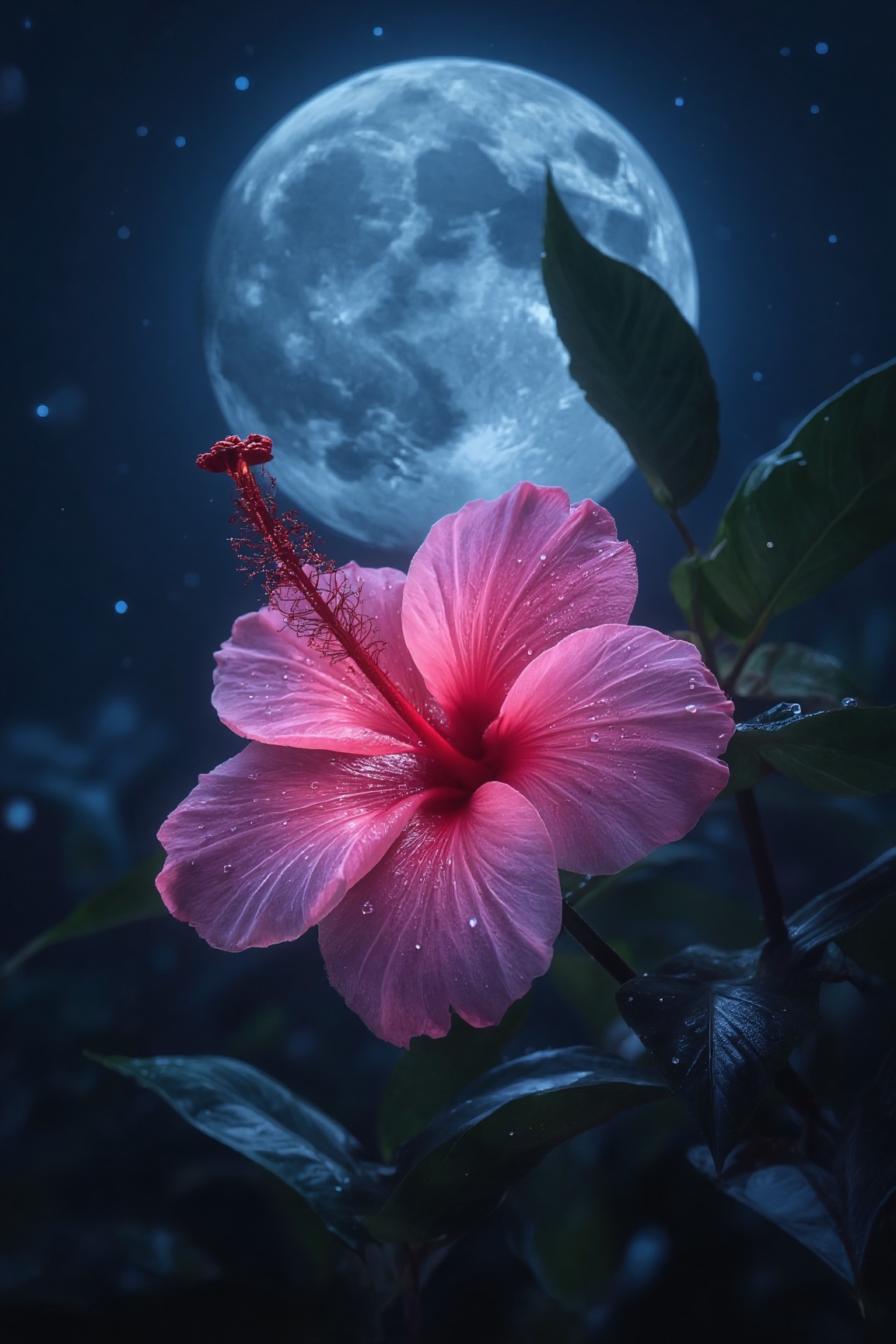 A vivid pink hibiscus flower glowing under moonlight,  surrounded by dark tropical leaves,  dewdrops on petals on Tensor.Art