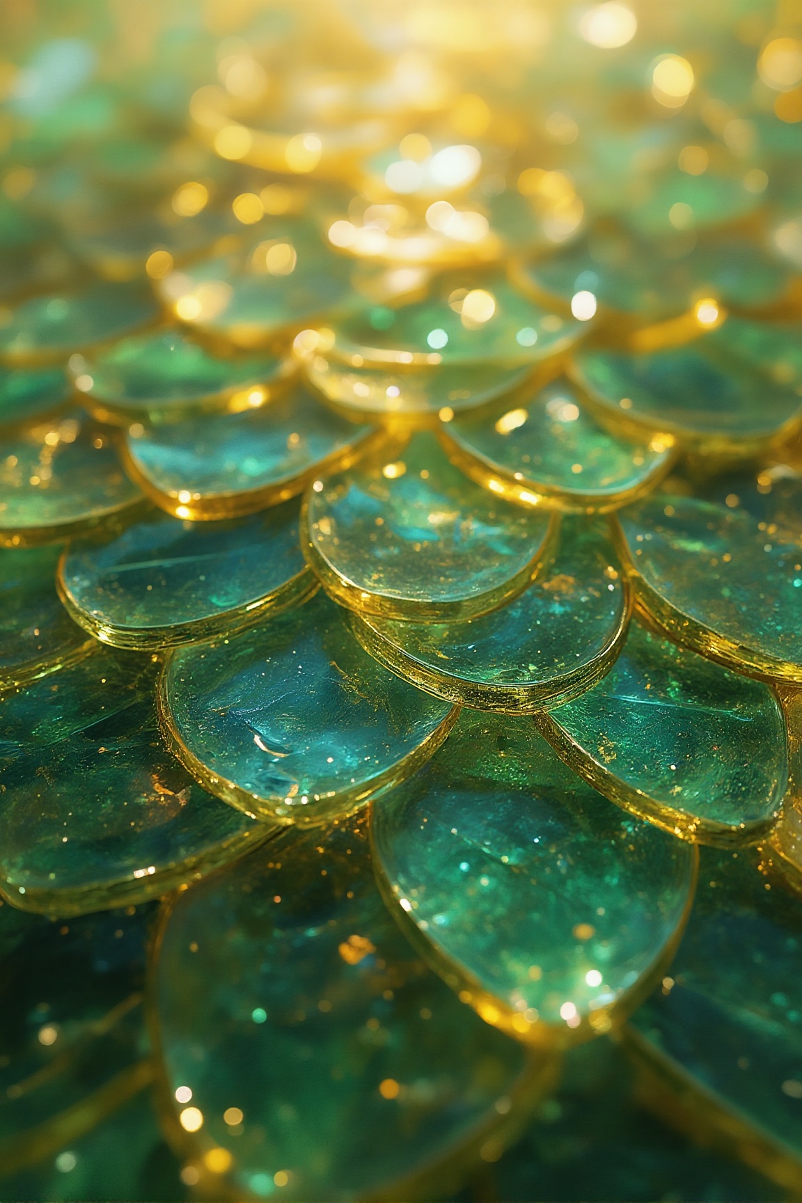 Imagine a close-up,  abstract composition dominated by overlapping,  scale-like forms in shades of emerald green on Tensor...