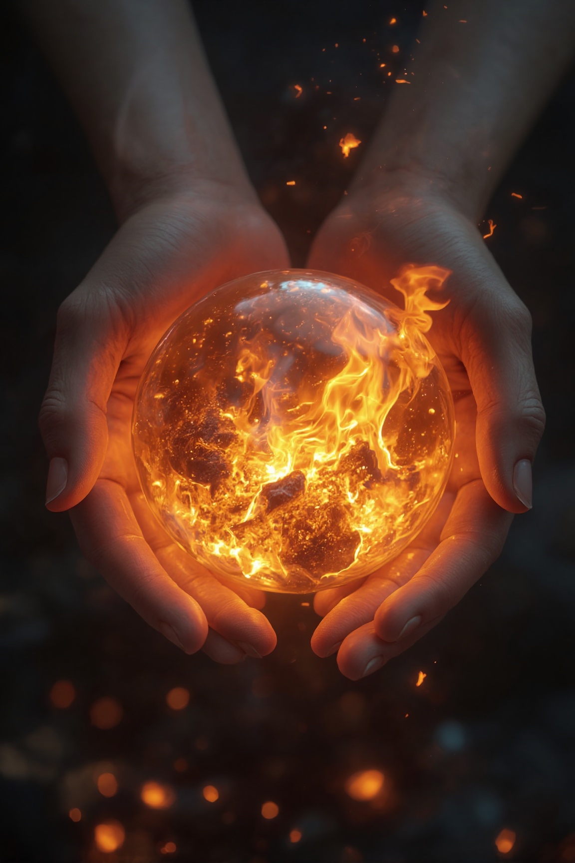 Ultra-realistic close-up of two human hands gently cupping a glowing fire orb. The orb emits bright orange and red flames,...