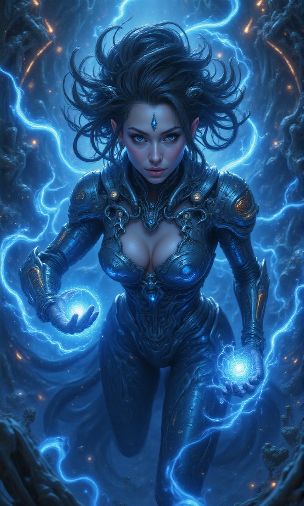 (Dynamic top view,  dynamic angle: 1.3). This image features a 25-year-old supernatural woman dressed in a futuristic,  fl...
