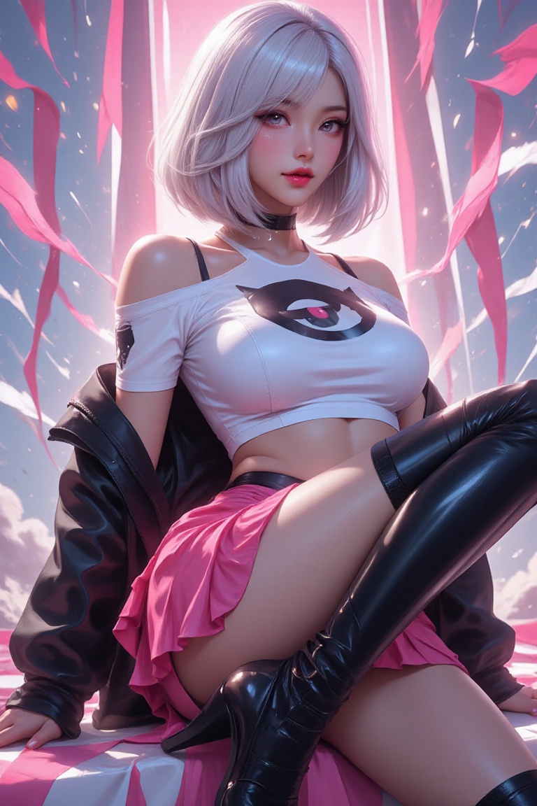 Anime-style woman with a sharp white and black short bob,  styled in bold layers. She wears a tight white crop top featuri...