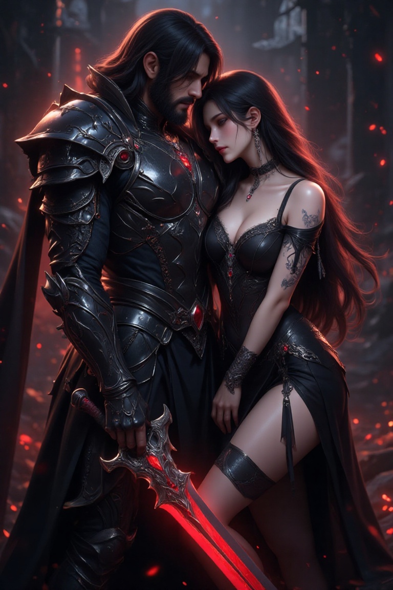 Dark fantasy scene depicting two figures in an intimate embrace: a heavily armored warrior in ornate black and silver goth...