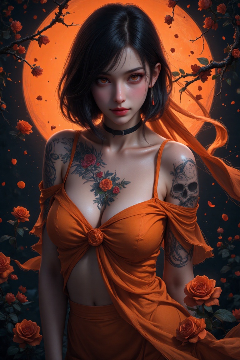 Dramatic acrylic-style poster of a beautiful young girl with orange eye lenses,  standing in deep shadow with roses and sk...