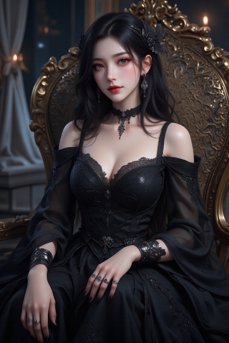 Beautiful woman in a highly detailed gothic-style dress with intricate lace,  velvet,  and ornate embroidery on Tensor.Art