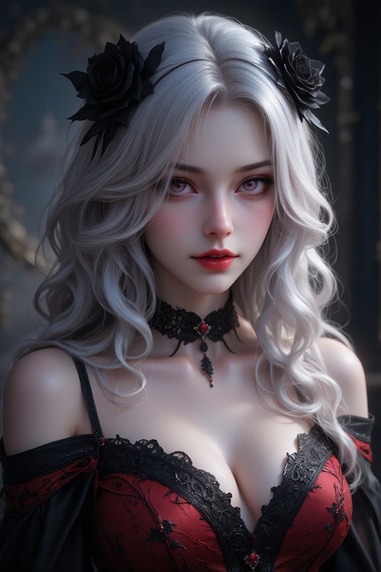 Striking portrait of a vampire queen with piercing red eyes and long,  soft white curly hair adorned with black roses,  we...