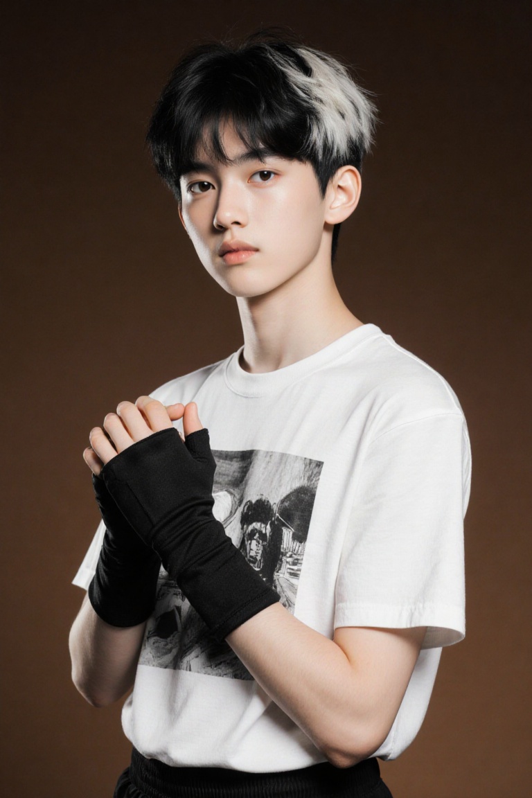 A solo high school boy with short black hair and bangs stands in a gradient brown background,  wearing a white short-sleev...