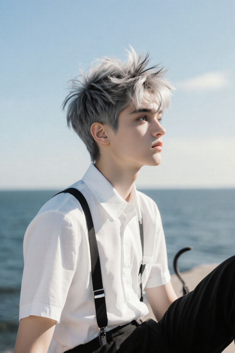 A solo male character with grey hair sits outdoors by the ocean on a sunny day,  wearing a white short-sleeve collared shi...
