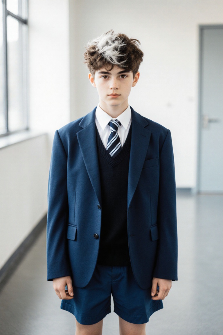 A solo high school boy with short brown hair and brown eyes stands indoors in a full-body pose,  looking at the viewer. He...
