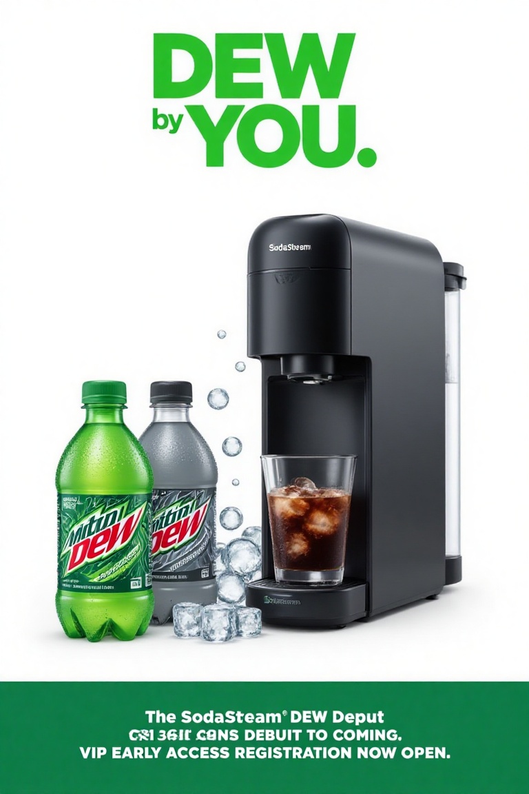 "Describe the vibrant collaboration between SodaStream and Mountain Dew as depicted in this promotional image. Highlight t...