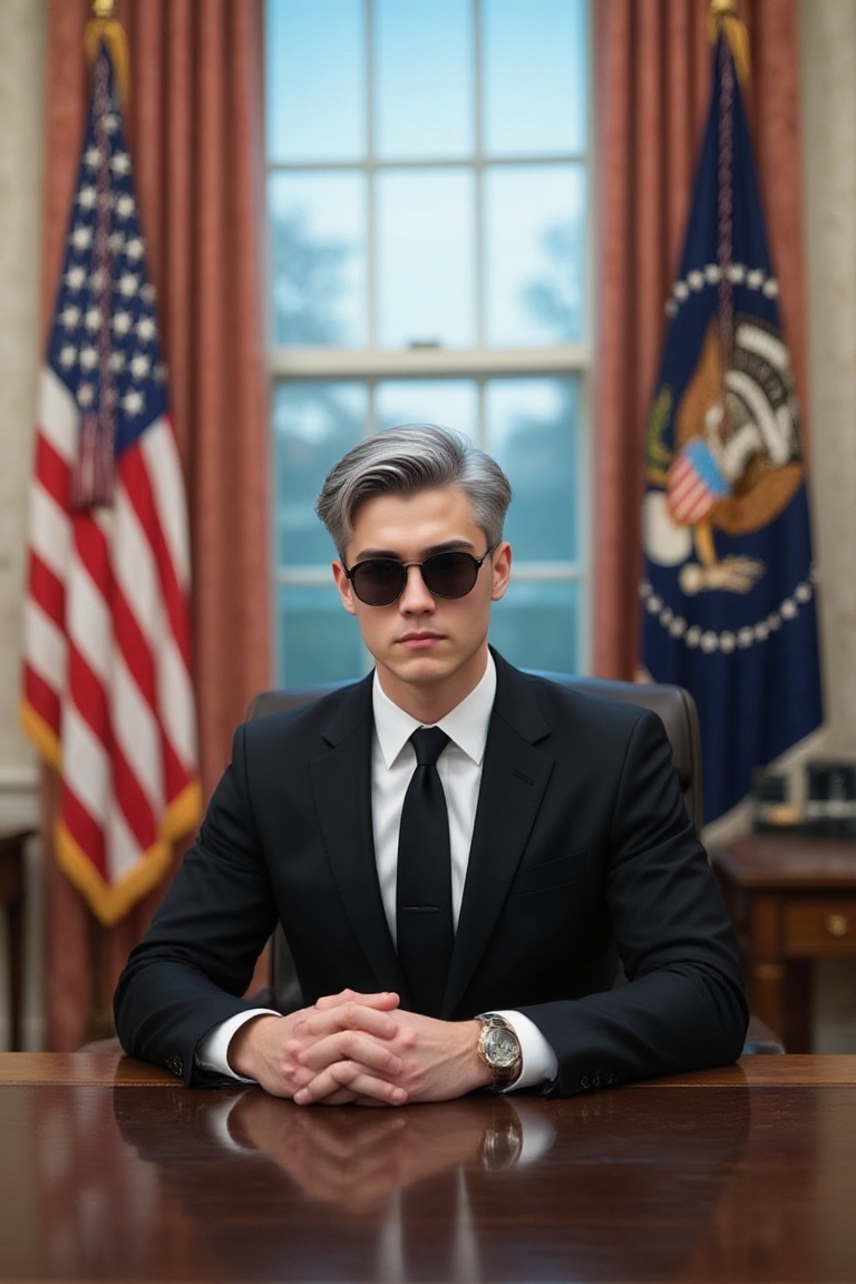 The image shows a young man,  he is wearing a black suit with a white shirt and a black tie sitting at a desk in the Oval...