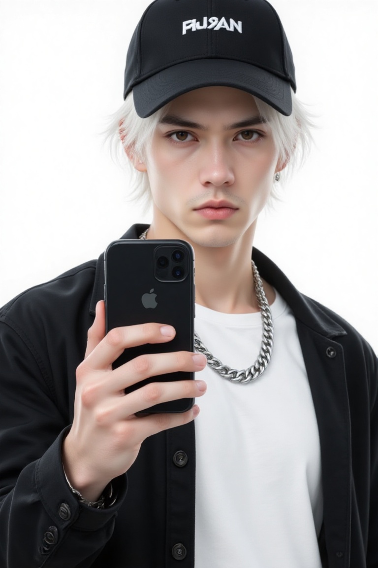 The image is a portrait of a young man with white hair and a black baseball cap. He is holding a black iPhone in his right...