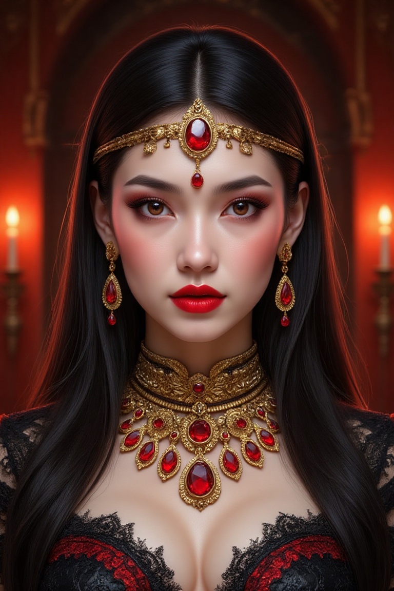 A stunning and elegant woman with long,  silky black hair adorned in a traditional,  dark on Tensor.Art