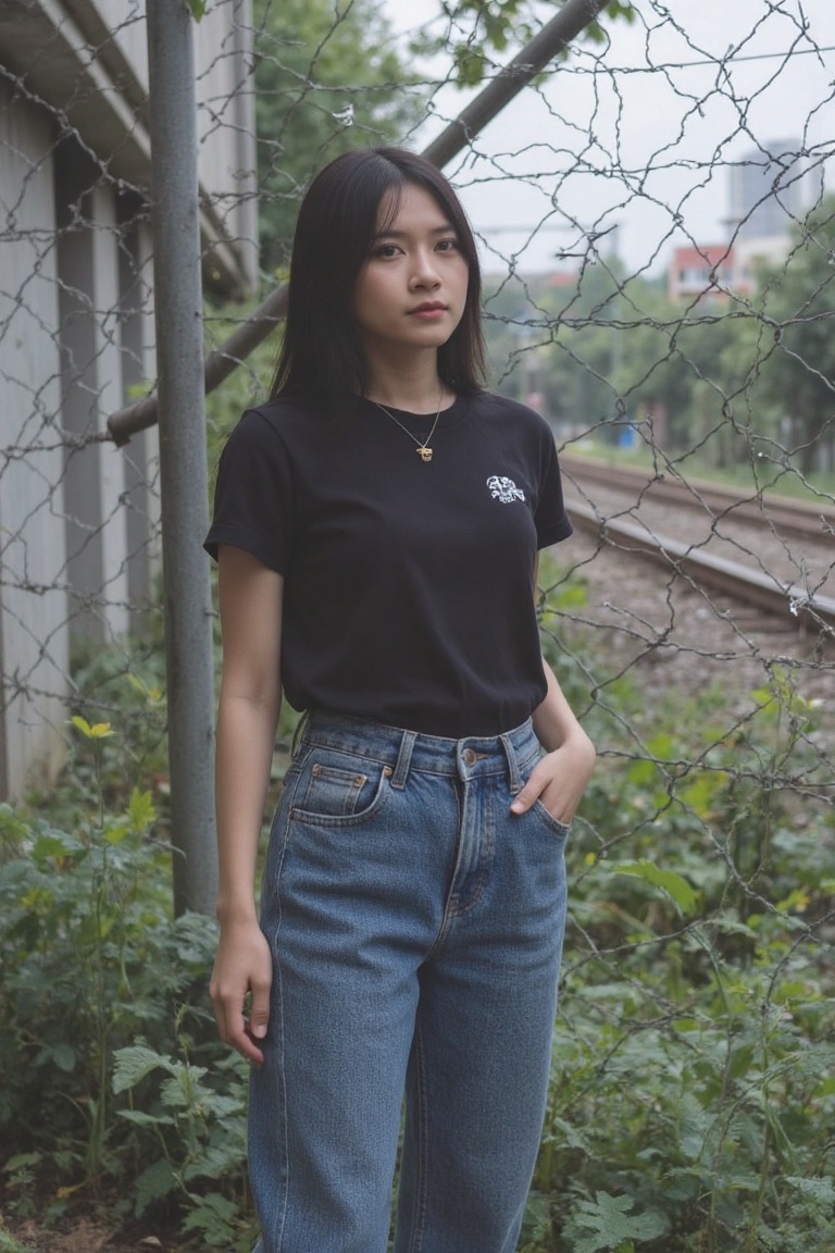 In this urban scene,  a young indonesian woman stands confidently in front of a chain-link fence adorned with barbed wire...