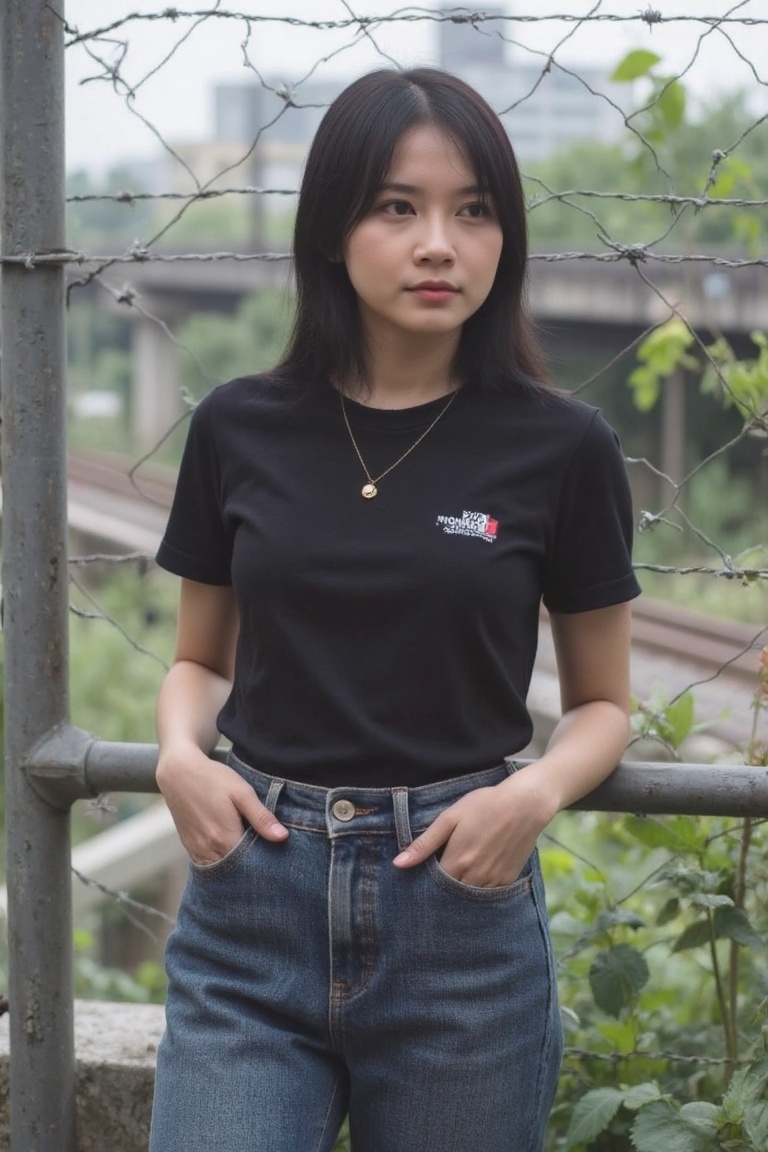 In this urban scene,  a young indonesian woman stands confidently in front of a chain-link fence adorned with barbed wire...