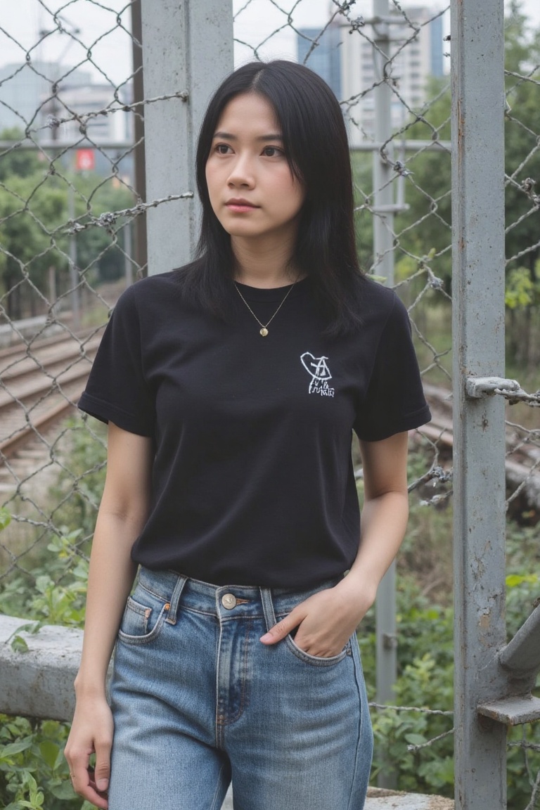 In this urban scene,  a young indonesian woman stands confidently in front of a chain-link fence adorned with barbed wire...