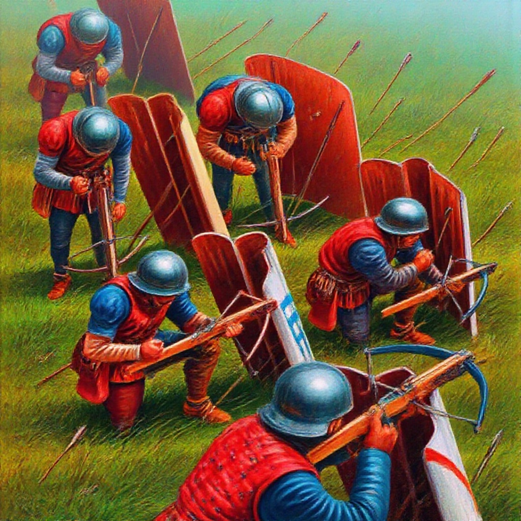 a vibrant 8k photo of a unit of Genoese crossbowmen in a grassy field rendered in Octane render,  action shot,  extreme ca...