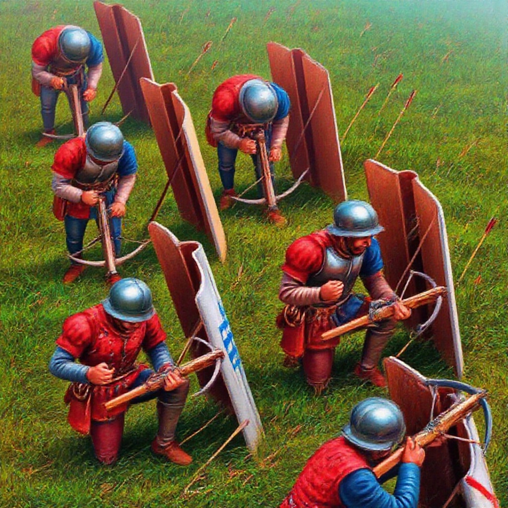 a vibrant 8k photo of a unit of Genoese crossbowmen in a grassy field rendered in Octane render,  action shot,  extreme ca...