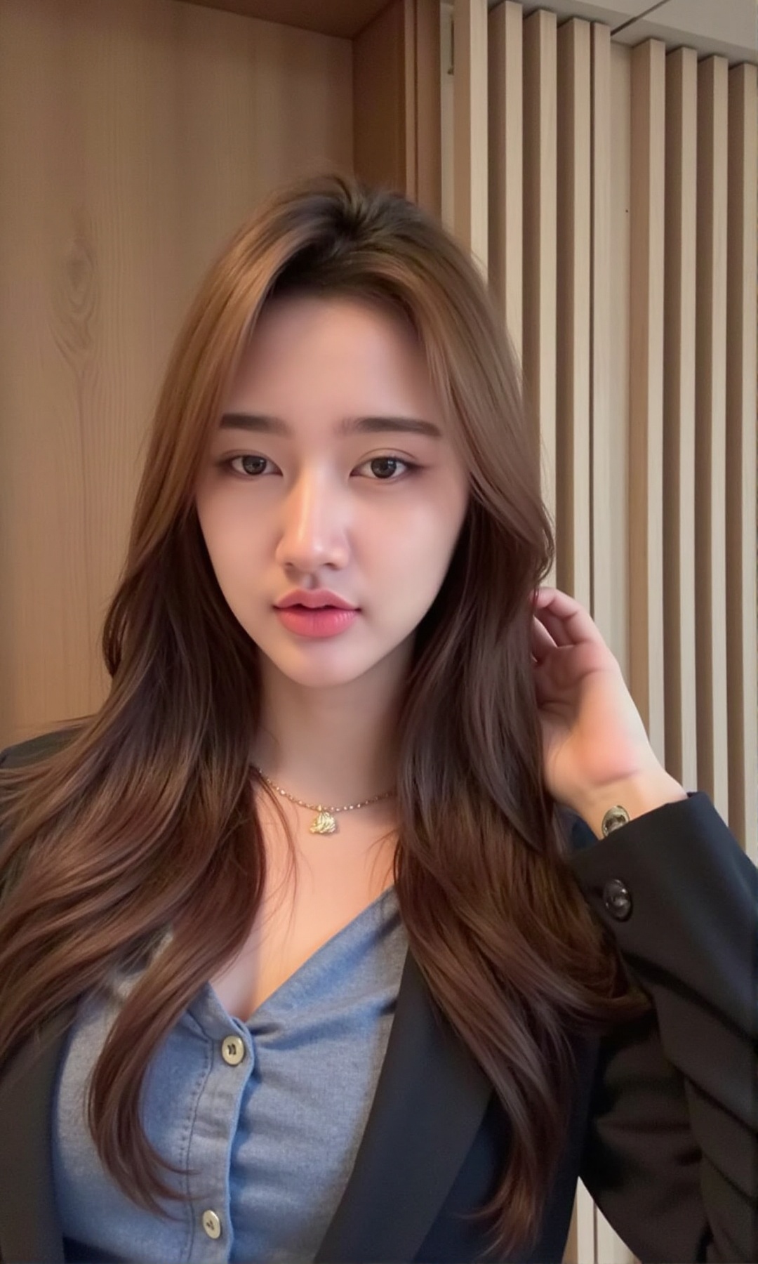 Photograph of a young Asian woman with long straight brown hair and light skin. She has a soft neutral expression with sub...