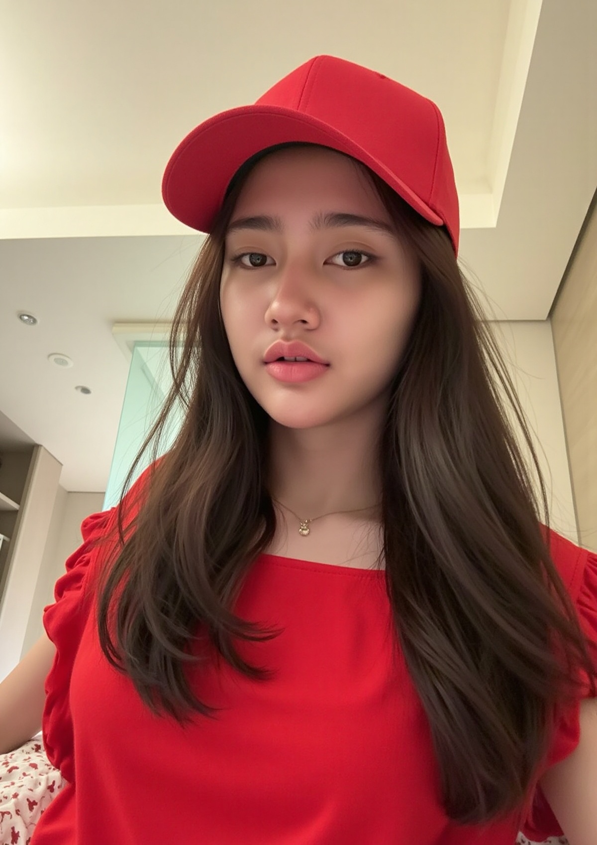 Photograph of a young woman with long straight black hair wearing a red baseball cap and a matching off-shoulder red top....