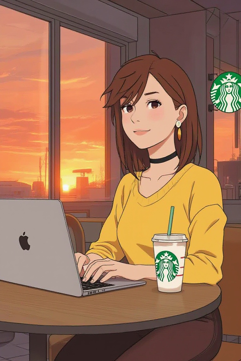 Ayase Momo sitting at a table in Starbucks,  a sleek Apple logo MacBook on table,  a Frappuccino with green logo next to M...