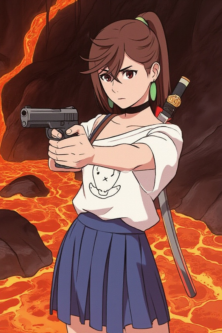ayase momo standing in lava cave,  flowing lava,  holding gun on Tensor.Art