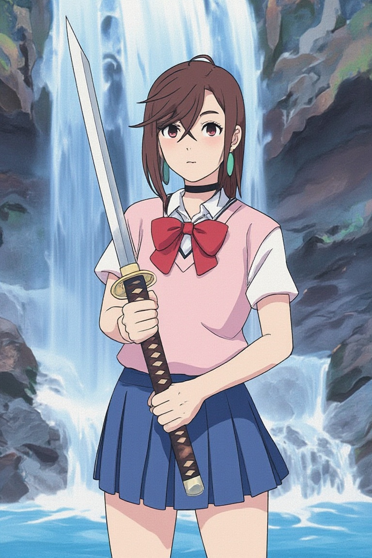 ayase momo standing in water flowing cave,  flowing crystal blue water stream,  waterfall on Tensor.Art