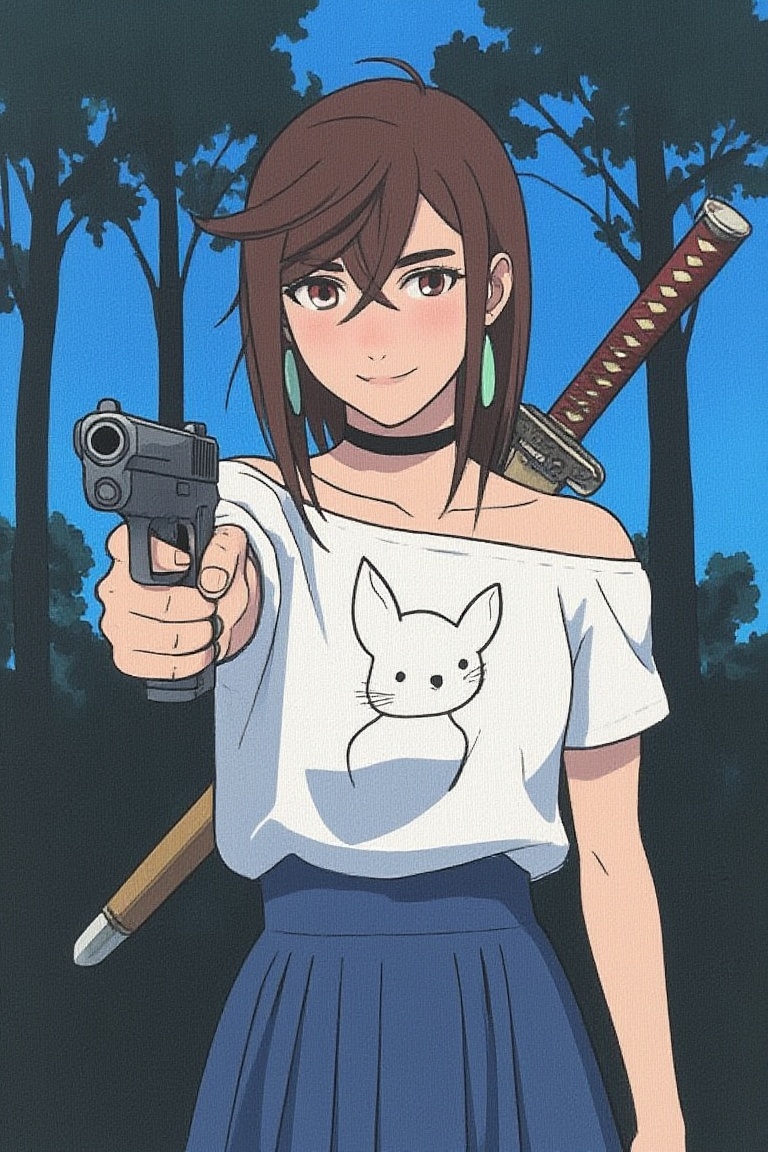 ayase momo standing in forest,  close-up,  holding gun on Tensor.Art