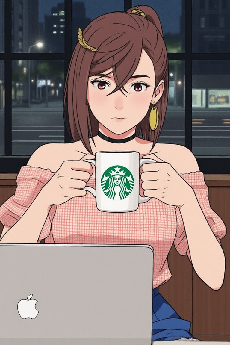 ayase momo sitting in Starbucks at night,  ((two hands holding a big coffee mug with green logo)),  expressive eyes on Ten...