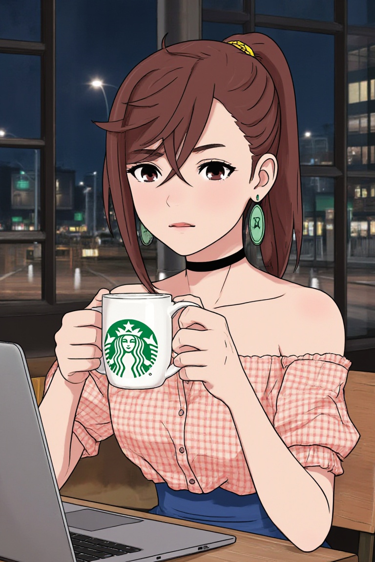 ayase momo sitting in Starbucks at night,  ((two hands holding a big coffee mug with green logo)),  expressive eyes on Ten...